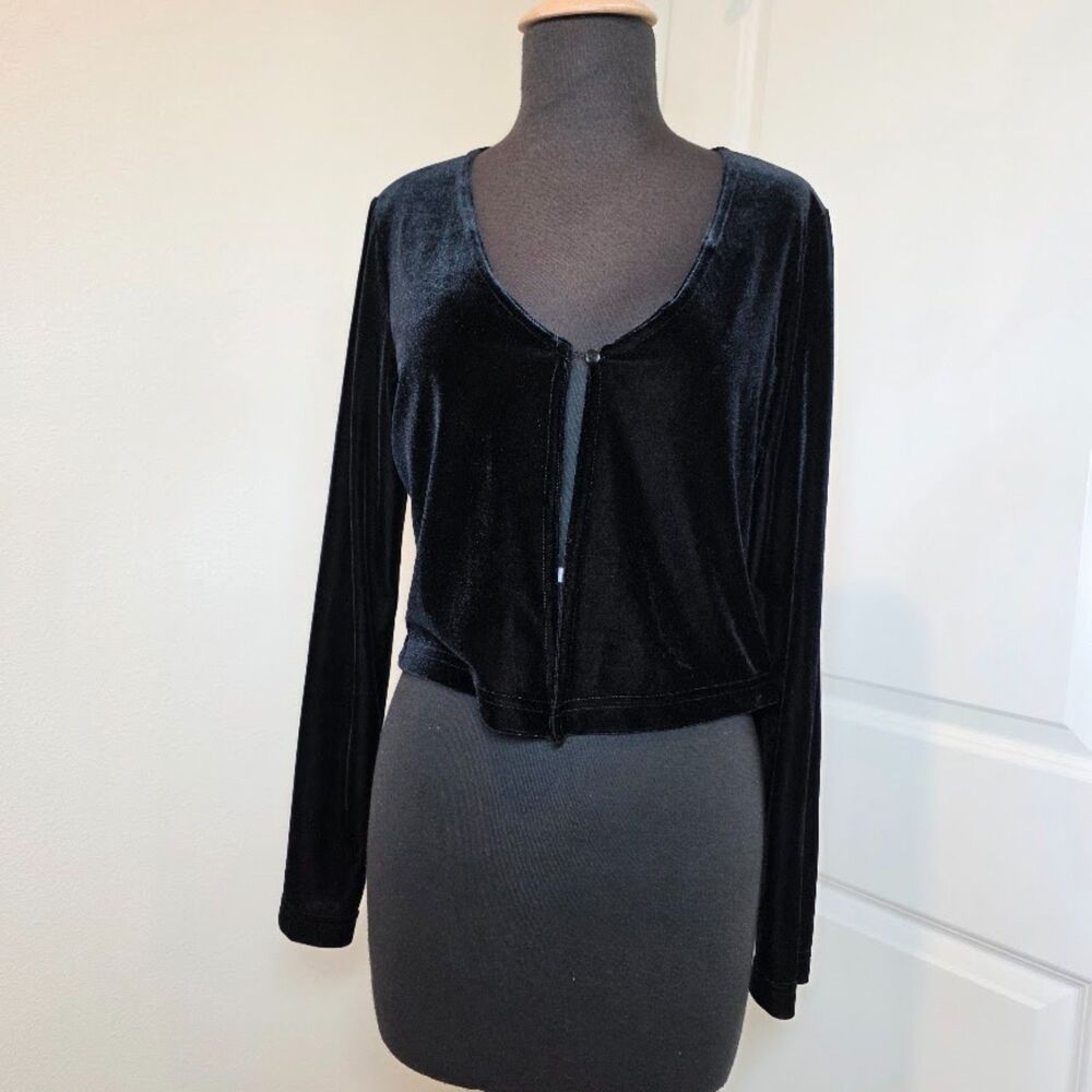 Vintage Black Velvet Cropped Cardigan Sz L Whimsigoth Dark Romantic Goth Witchy